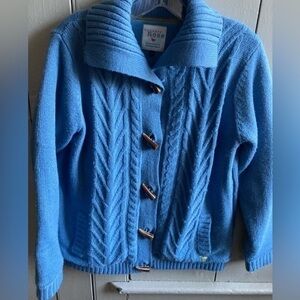 COUNTRY ROSE Blue Knit Cardigan Size M Fleece Lined Toggles Granny Cotta…
